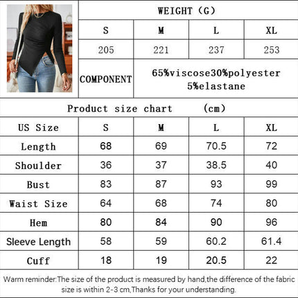 Womens Long Sleeve Shirts Crewneck Slim Fitted Tops Casual Split Ruched T-Shirts