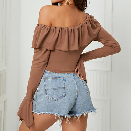 Women's Ruffle Off Shoulder Top Long Sleeve Casual Slim Fit Shirts