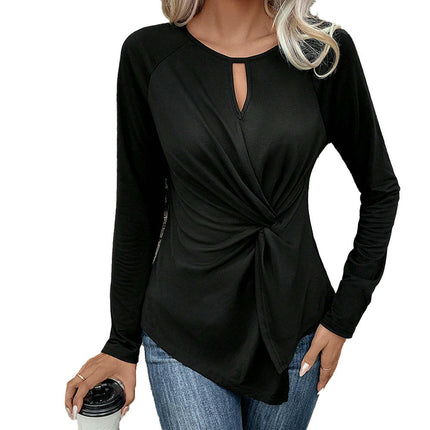 Women's Front Twist Ruched Shirts Cut Out Crewneck Long Sleeve Asymmetrical Blouse