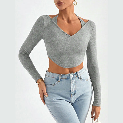 Women's Sexy V Neck Long Sleeve T Shirts Slim Fitted Going Out Crop Top