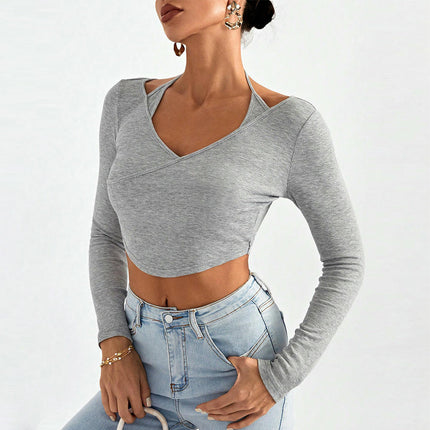 Women's Sexy V Neck Long Sleeve T Shirts Slim Fitted Going Out Crop Top