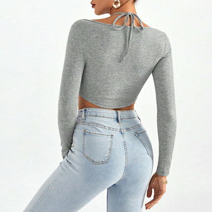 Women's Sexy V Neck Long Sleeve T Shirts Slim Fitted Going Out Crop Top