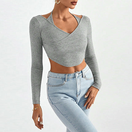 Women's Sexy V Neck Long Sleeve T Shirts Slim Fitted Going Out Crop Top