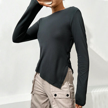 Womens Boat Neck Long Sleeve Tops Fitted Backless Ruched Slit Asymmetrical Hem T-Shirts