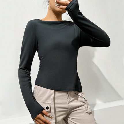 Womens Boat Neck Long Sleeve Tops Fitted Backless Ruched Slit Asymmetrical Hem T-Shirts