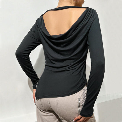 Womens Boat Neck Long Sleeve Tops Fitted Backless Ruched Slit Asymmetrical Hem T-Shirts