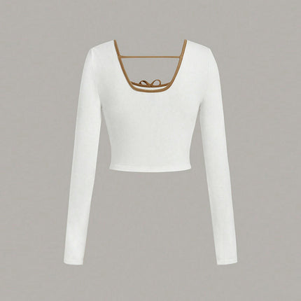 Women Going Out Crop Tops Square Neck Long Sleeve Slim Fitted T Shirt