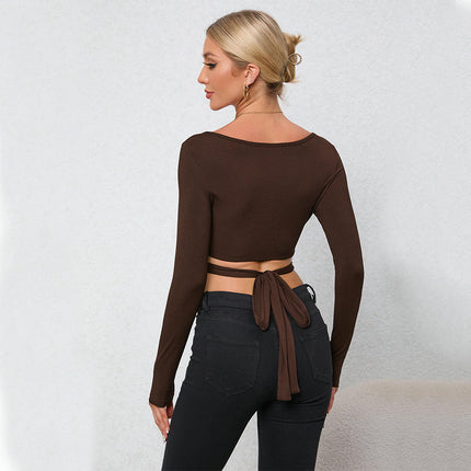 Women's Sexy V Neck Long Sleeve Crop Top Cut Out Cross Tie Slim Fit T Shirts