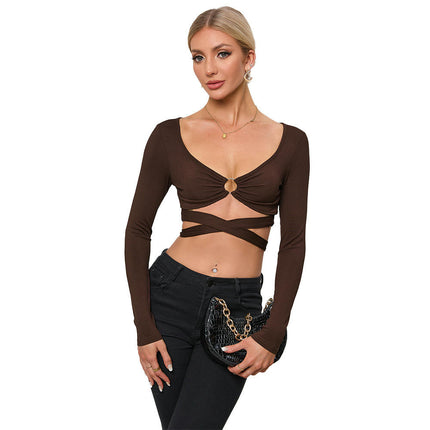 Women's Sexy V Neck Long Sleeve Crop Top Cut Out Cross Tie Slim Fit T Shirts