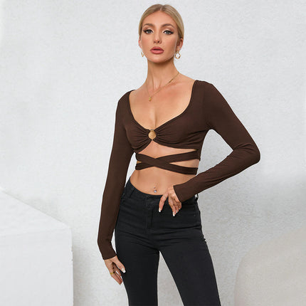 Women's Sexy V Neck Long Sleeve Crop Top Cut Out Cross Tie Slim Fit T Shirts