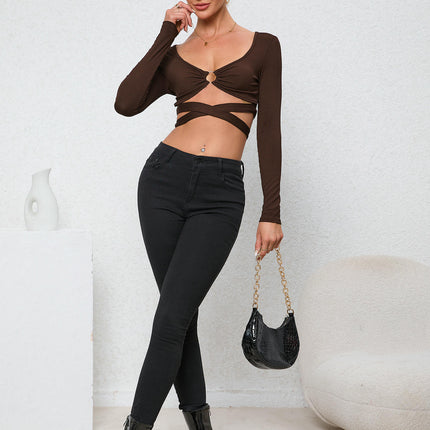 Women's Sexy V Neck Long Sleeve Crop Top Cut Out Cross Tie Slim Fit T Shirts