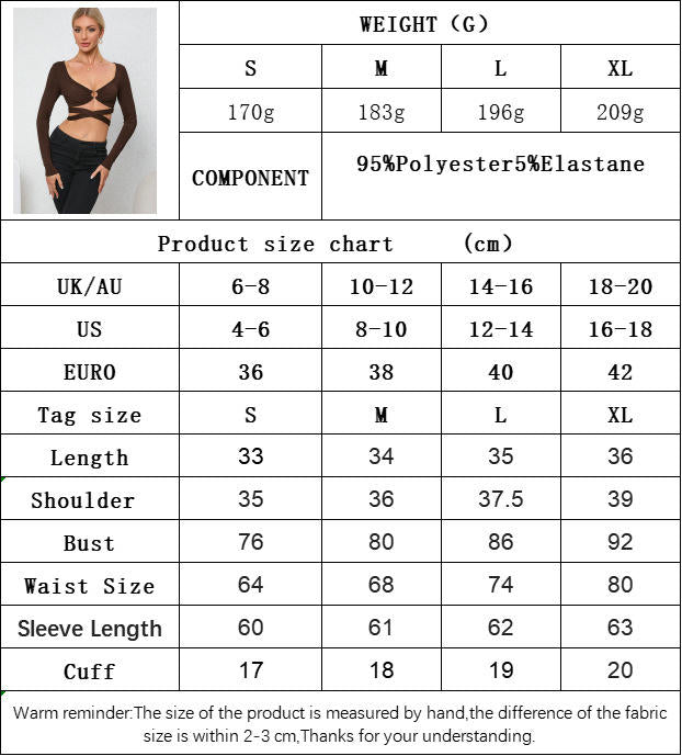 Women's Sexy V Neck Long Sleeve Crop Top Cut Out Cross Tie Slim Fit T Shirts