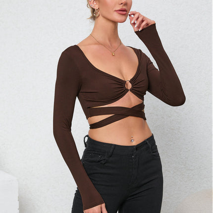 Women's Sexy V Neck Long Sleeve Crop Top Cut Out Cross Tie Slim Fit T Shirts