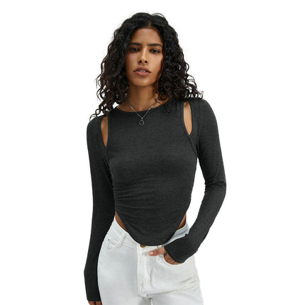 Womens Long Sleeve T Shirts Cutout Crew Neck Asymmetrical Hem Slim Fit Crop Top
