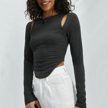 Womens Long Sleeve T Shirts Cutout Crew Neck Asymmetrical Hem Slim Fit Crop Top