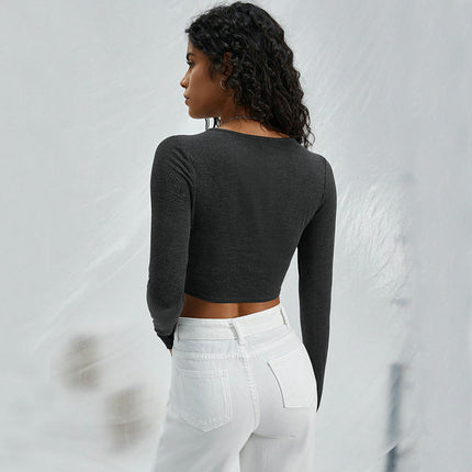 Womens Long Sleeve T Shirts Cutout Crew Neck Asymmetrical Hem Slim Fit Crop Top