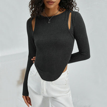Womens Long Sleeve T Shirts Cutout Crew Neck Asymmetrical Hem Slim Fit Crop Top
