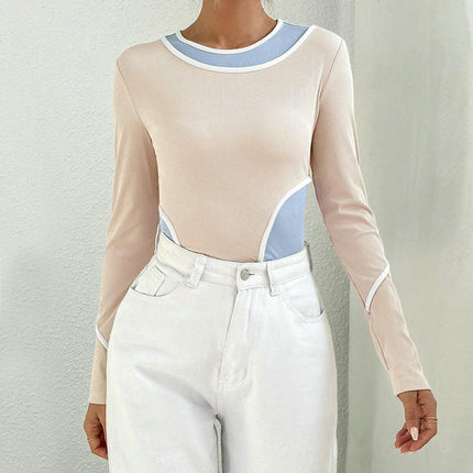 Women's Long Sleeve Ribbed Knit T Shirt Crewneck Color Block Slim Fitted Casual Tops