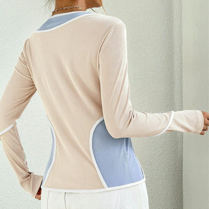 Women's Long Sleeve Ribbed Knit T Shirt Crewneck Color Block Slim Fitted Casual Tops