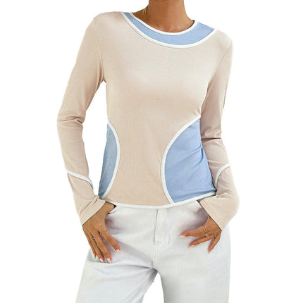 Women's Long Sleeve Ribbed Knit T Shirt Crewneck Color Block Slim Fitted Casual Tops