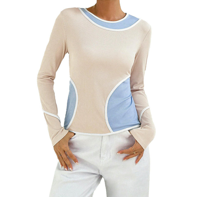 Women's Long Sleeve Ribbed Knit T Shirt Crewneck Color Block Slim Fitted Casual Tops