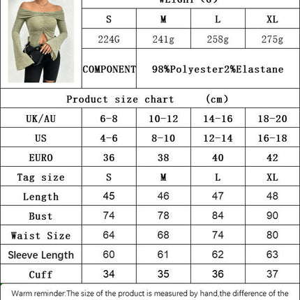 Women's Sexy Off Shoulder Ruched Tops Casual Slim Fit Bell Long Sleeves Split Shirt