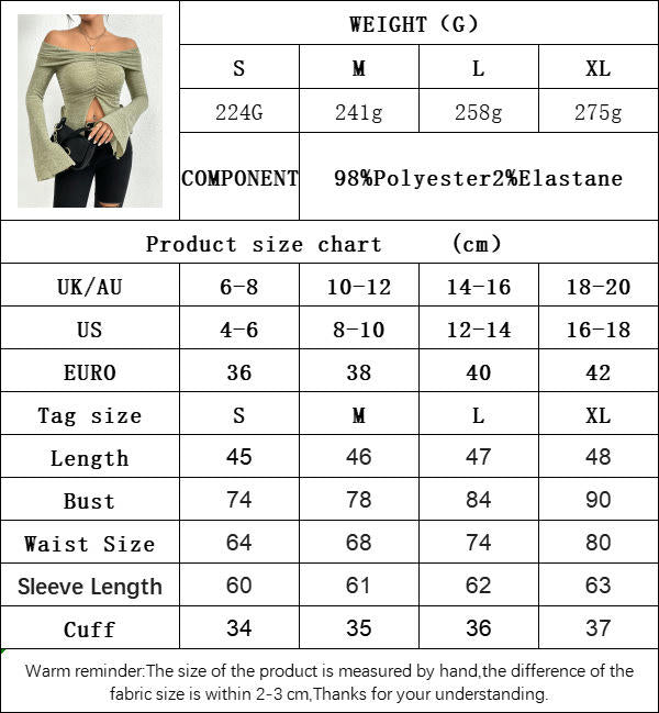 Women's Sexy Off Shoulder Ruched Tops Casual Slim Fit Bell Long Sleeves Split Shirt