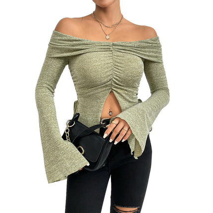 Women's Sexy Off Shoulder Ruched Tops Casual Slim Fit Bell Long Sleeves Split Shirt