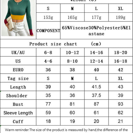 Women's Long Sleeve Color Block Crewneck T-Shirt Fitted Casual Going Out Crop Tops