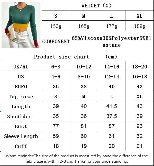 Women's Long Sleeve Color Block Crewneck T-Shirt Fitted Casual Going Out Crop Tops
