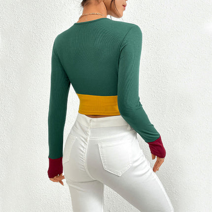 Women's Long Sleeve Color Block Crewneck T-Shirt Fitted Casual Going Out Crop Tops