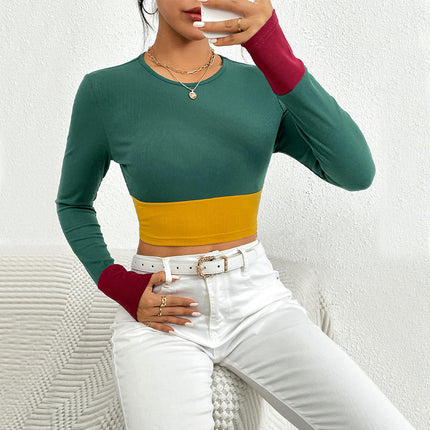 Women's Long Sleeve Color Block Crewneck T-Shirt Fitted Casual Going Out Crop Tops