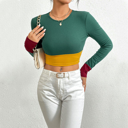 Women's Long Sleeve Color Block Crewneck T-Shirt Fitted Casual Going Out Crop Tops