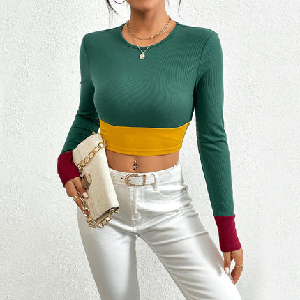 Women's Long Sleeve Color Block Crewneck T-Shirt Fitted Casual Going Out Crop Tops