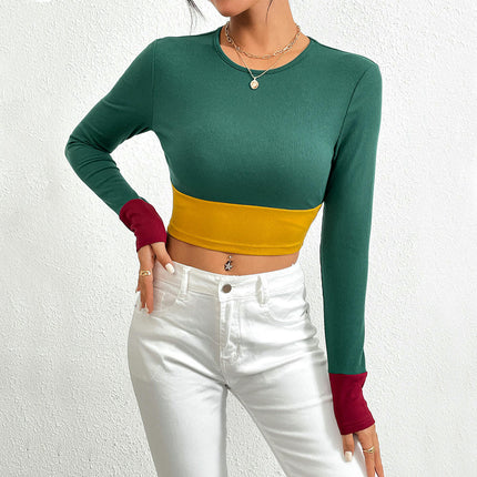 Women's Long Sleeve Color Block Crewneck T-Shirt Fitted Casual Going Out Crop Tops