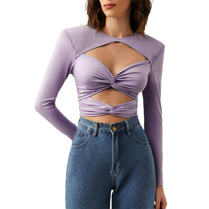 Women's Crewneck Twist Front Ruched Cut Out Long Sleeve T-Shirts Fitted Crop Tops