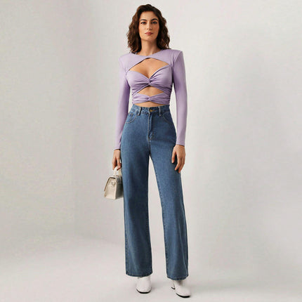 Women's Crewneck Twist Front Ruched Cut Out Long Sleeve T-Shirts Fitted Crop Tops