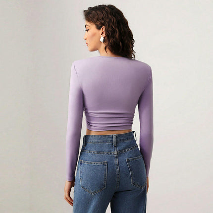Women's Crewneck Twist Front Ruched Cut Out Long Sleeve T-Shirts Fitted Crop Tops