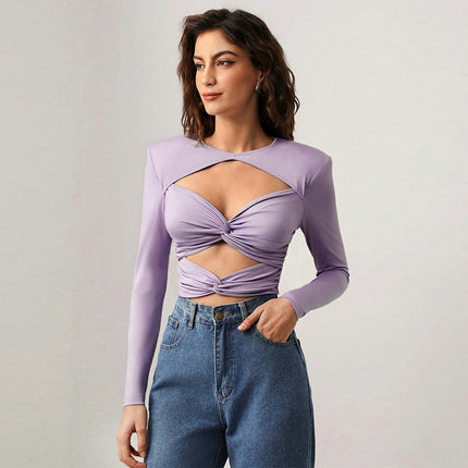 Women's Crewneck Twist Front Ruched Cut Out Long Sleeve T-Shirts Fitted Crop Tops