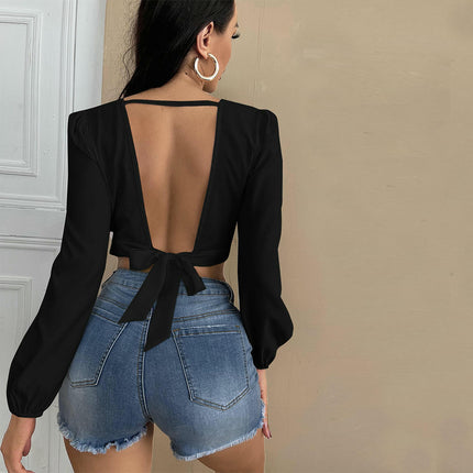 Womens Backless Long Sleeve Crop Top V Neck Sexy Tie Back Shirt