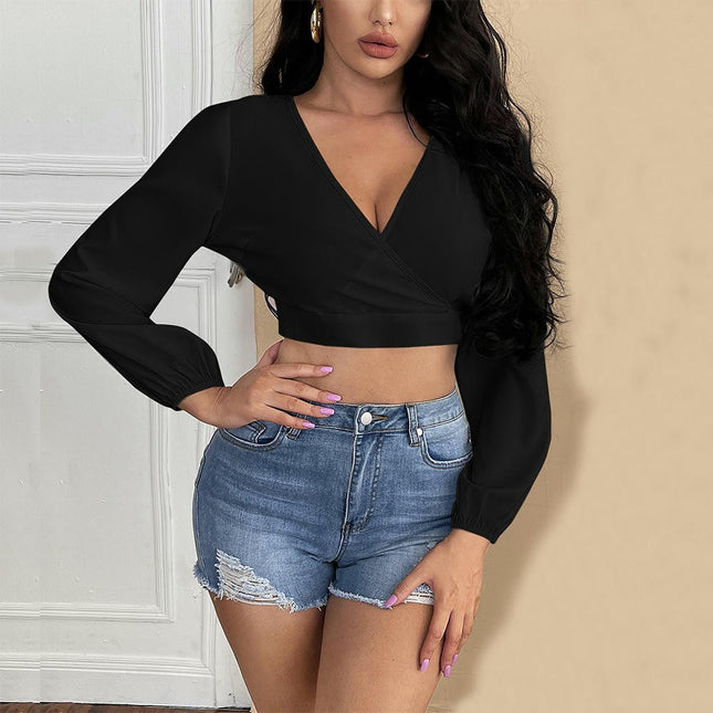 Womens Backless Long Sleeve Crop Top V Neck Sexy Tie Back Shirt