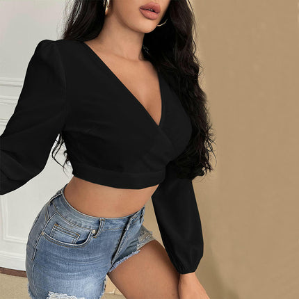 Womens Backless Long Sleeve Crop Top V Neck Sexy Tie Back Shirt