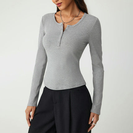 Women's Long Sleeve Henley Slim Fit T-Shirt Crew Neck Casual Tops