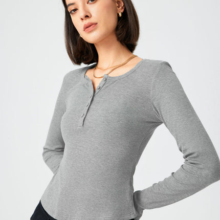 Women's Long Sleeve Henley Slim Fit T-Shirt Crew Neck Casual Tops