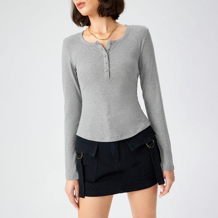 Women's Long Sleeve Henley Slim Fit T-Shirt Crew Neck Casual Tops