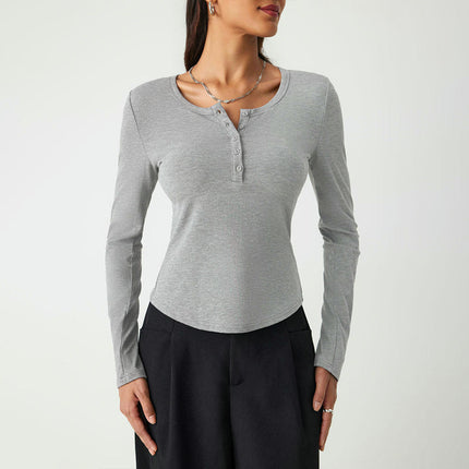 Women's Long Sleeve Henley Slim Fit T-Shirt Crew Neck Casual Tops