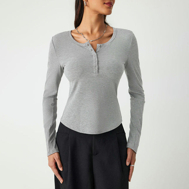 Women's Long Sleeve Henley Slim Fit T-Shirt Crew Neck Casual Tops