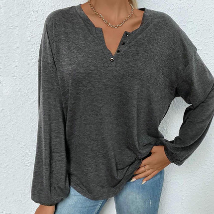 Women's Long Sleeve Henley Tshirt Casual Button Round Neck Loose Tunic Tops