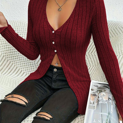 Women Long Sleeve Shirts V Neck Tops Casual Slit Front Slim Fit Lightweight Sweaters