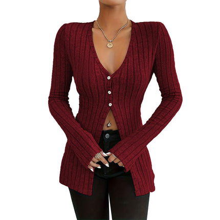 Women Long Sleeve Shirts V Neck Tops Casual Slit Front Slim Fit Lightweight Sweaters